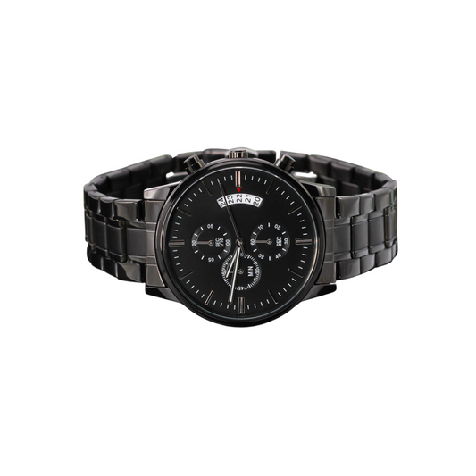 A personalized gift that can withstand constant use, this Customizable Engraved Black Chronograph Watch is the perfect gift for all the special men in your life. A thoughtful groomsmen gift, an anniversary memento, or a long-lasting keepsake for Father’s Day - it's a versatile piece sure to warm hearts and create smiles.