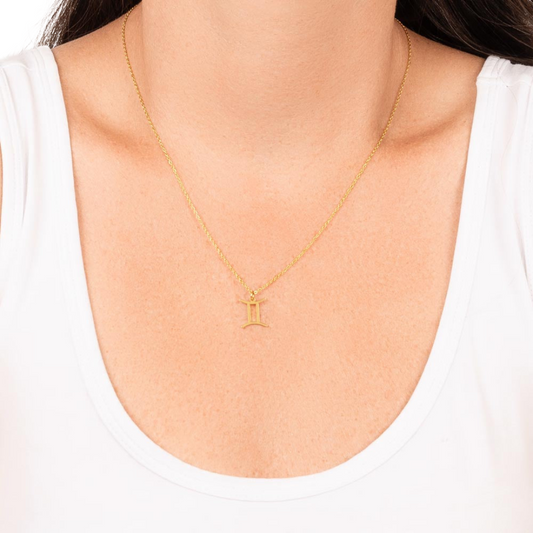 Gemini Zodiac Name Necklace. Handcrafted with care, this piece is made from durable stainless steel and optionally dipped in 18k yellow gold and features her unique astrological sign.