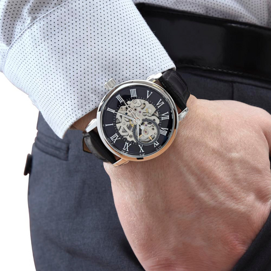 Men Black Leather Watch, Openwork Watch, 3 ATM Water Resistant, Skeleton dial Watch, Gift for him, Fathers day gift, Luxury timepiece