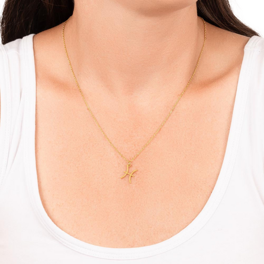 Pisces Zodiac Name Necklace. Handcrafted with care, this piece is made from durable stainless steel and optionally dipped in 18k yellow gold and features her unique astrological sign.