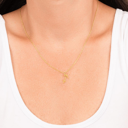 Sagittarius Zodiac Name Necklace. Handcrafted with care, this piece is made from durable stainless steel and optionally dipped in 18k yellow gold and features her unique astrological sign.