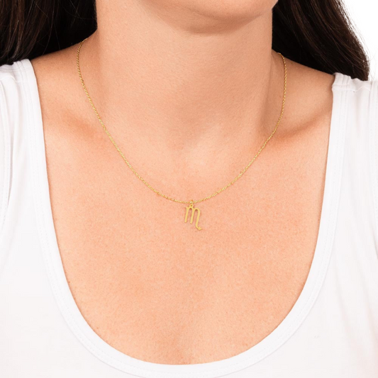 Scorpio Zodiac Name Necklace. Handcrafted with care, this piece is made from durable stainless steel and optionally dipped in 18k yellow gold and features her unique astrological sign.