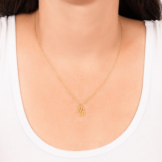 Virgo Zodiac Name Necklace. Handcrafted with care, this piece is made from durable stainless steel and optionally dipped in 18k yellow gold and features her unique astrological sign.