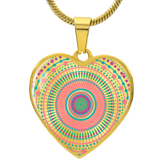 Graphic Heart Pendant + Necklace - Multi Color Mandala Pattern