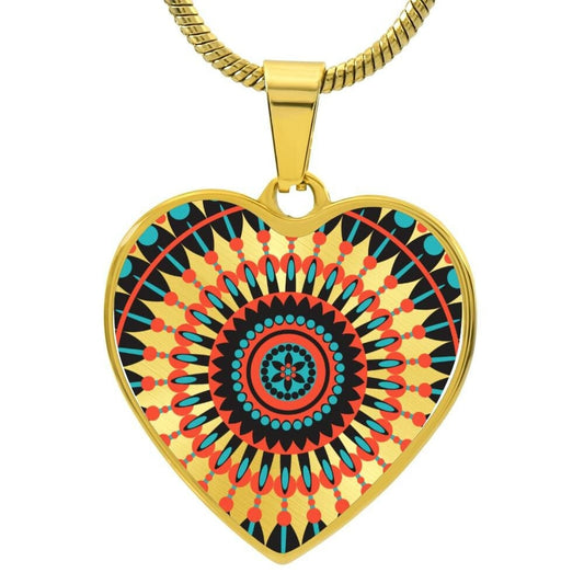 Graphic Heart Pendant + Necklace - Geometric Pattern Mandala