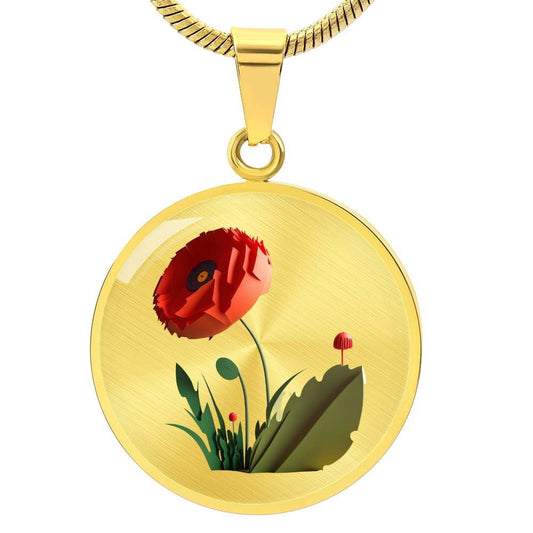 Graphic Circle Pendant + Necklace - Red Poppy Flower